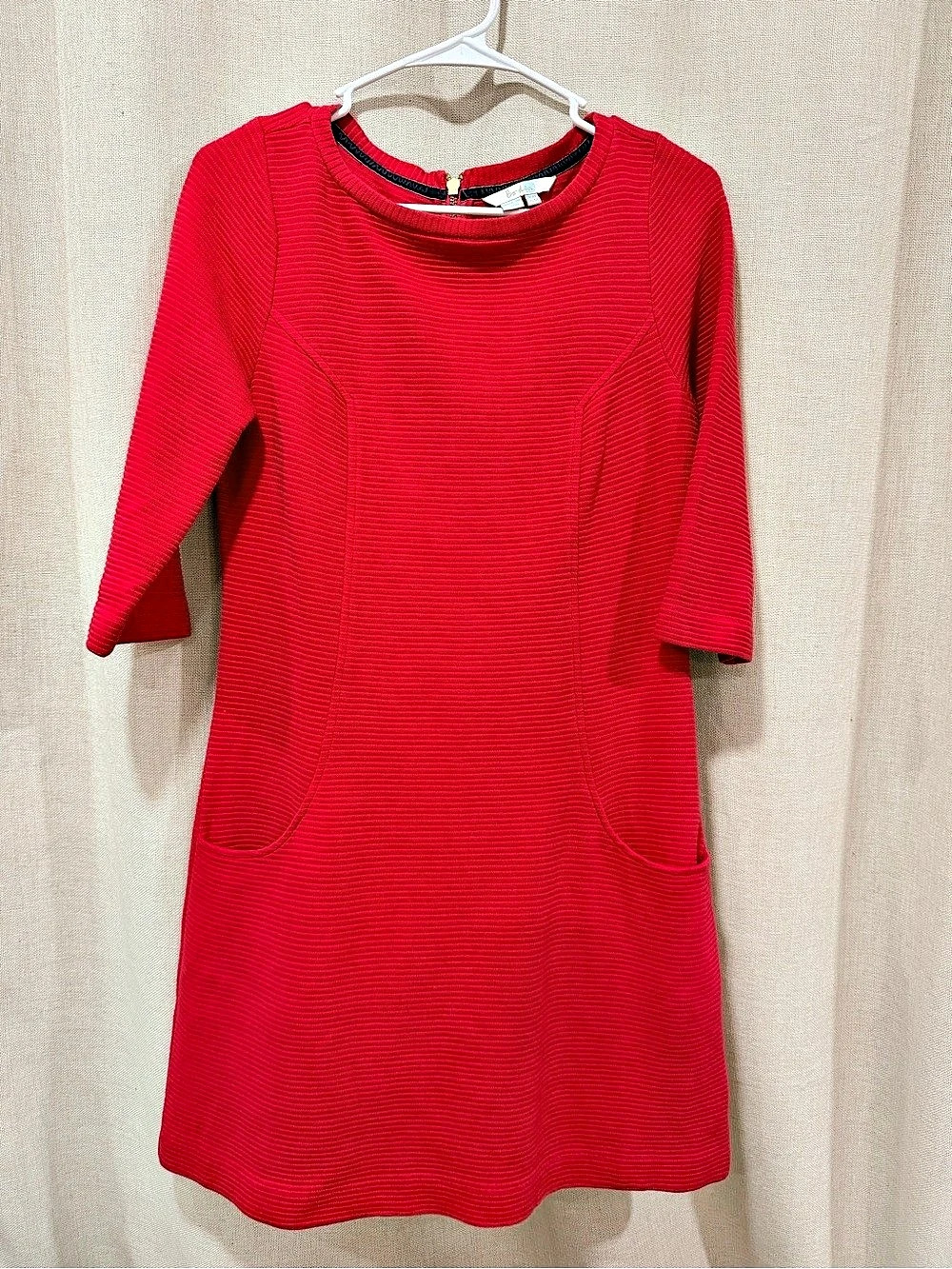 Boden Red Ottoman Ribbed Dress Front Pockets 3/4 Sleeve Structured 100% Cotton